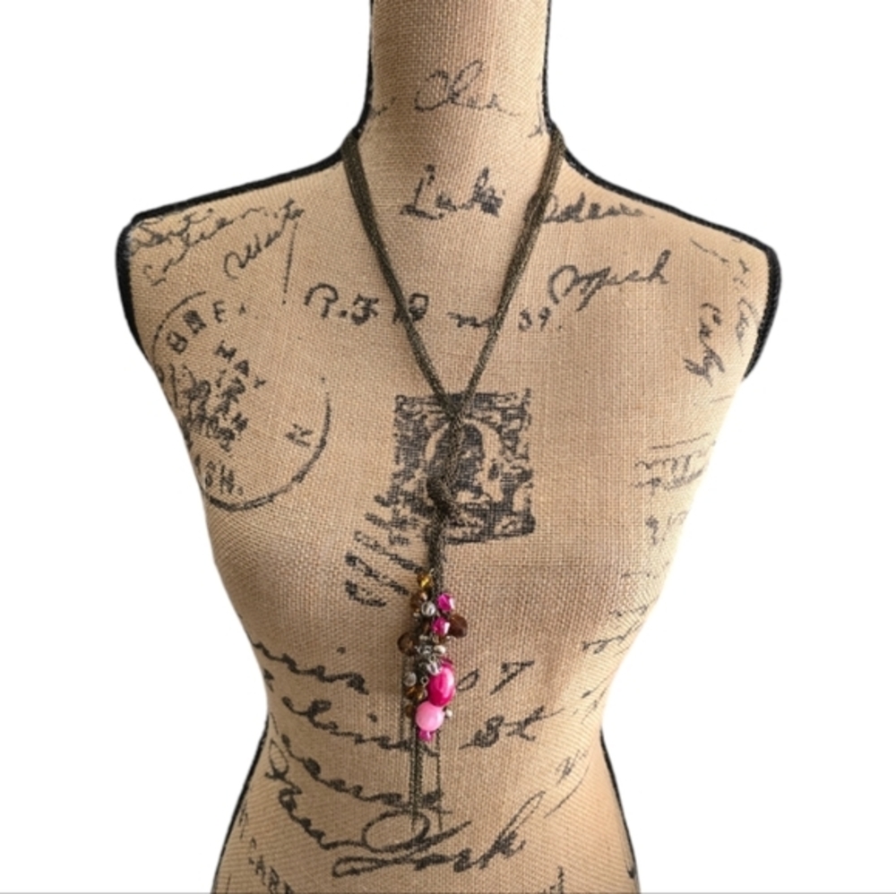 Treska Bronze Multi Strand Pink Amber Beaded‎ Lariat Fringe Tassel Necklace